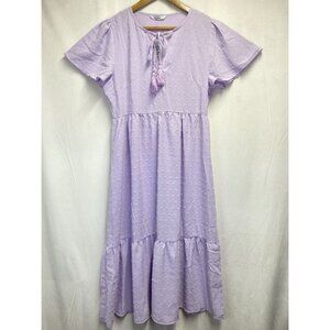 DOKURITU Tie Slit Crew Neck Cap Sleeve Swiss Dot Tiered Dress Women Small Purple